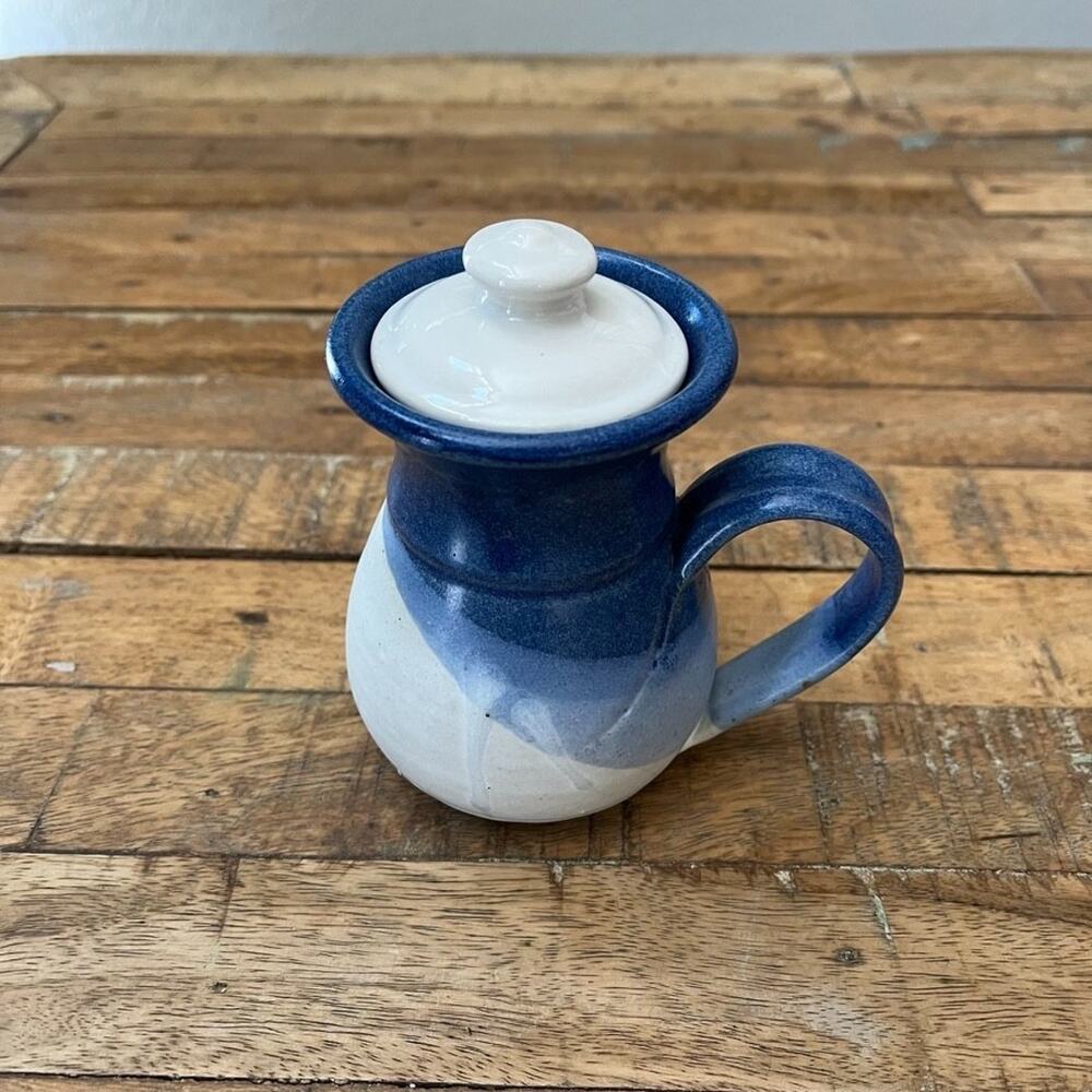 Hand Thrown Stoneware Blue & Bisque Ceramic Creamer with lid Signed 5.5" tall